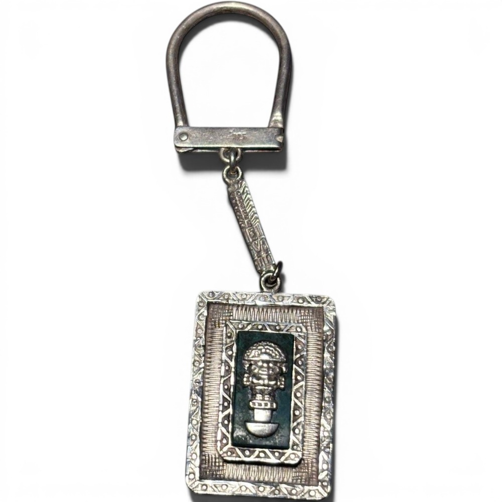 Vintage 925 Sterling Silver Mexico Tumi Deity Keychain Green Stone Inlay 1987